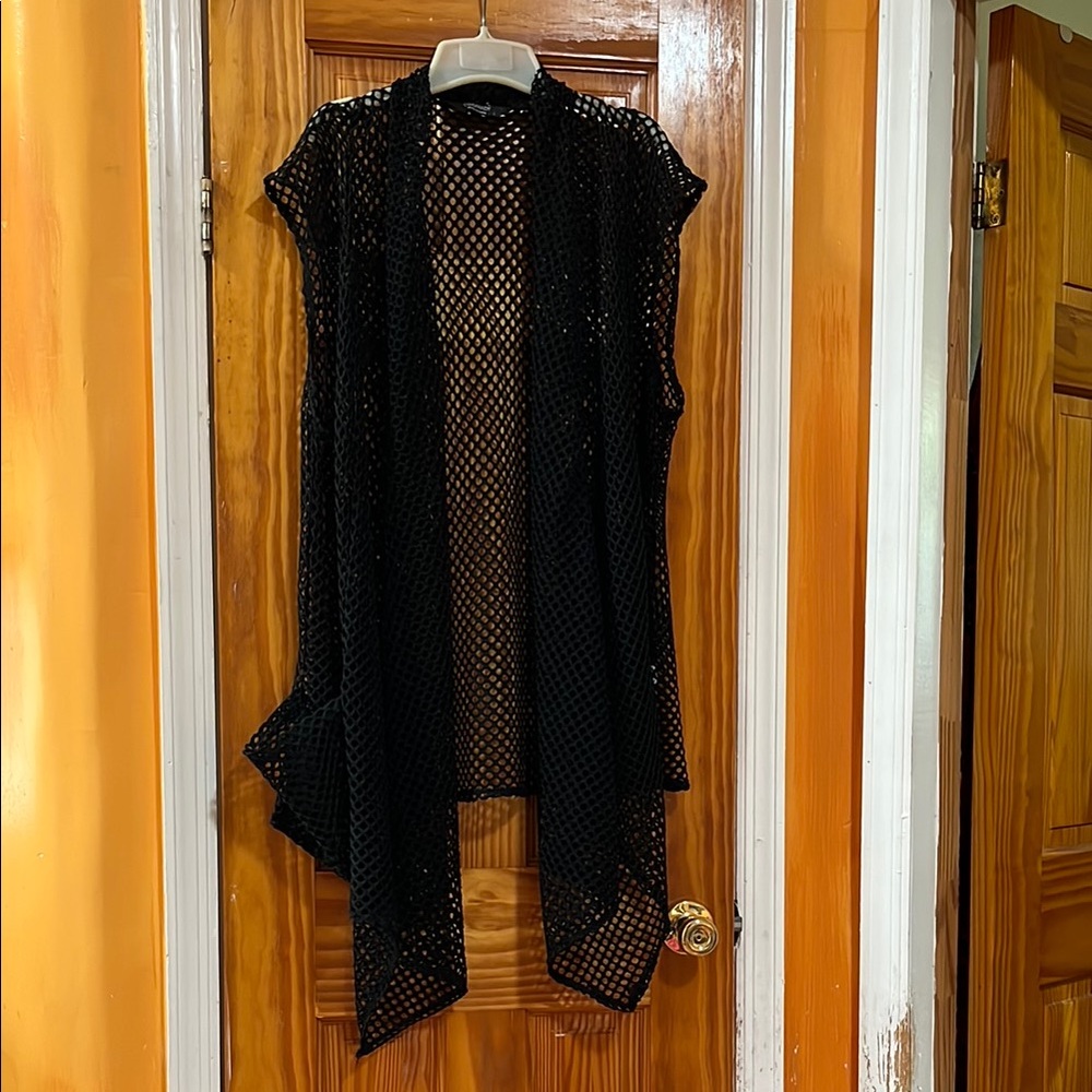Coofandy Asymmetrical Mesh Black Sleeveless Open Style Beach Cover Up Kimonon L